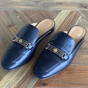 Tory Burch Black Leather Slip-Ons with Gold Detail
